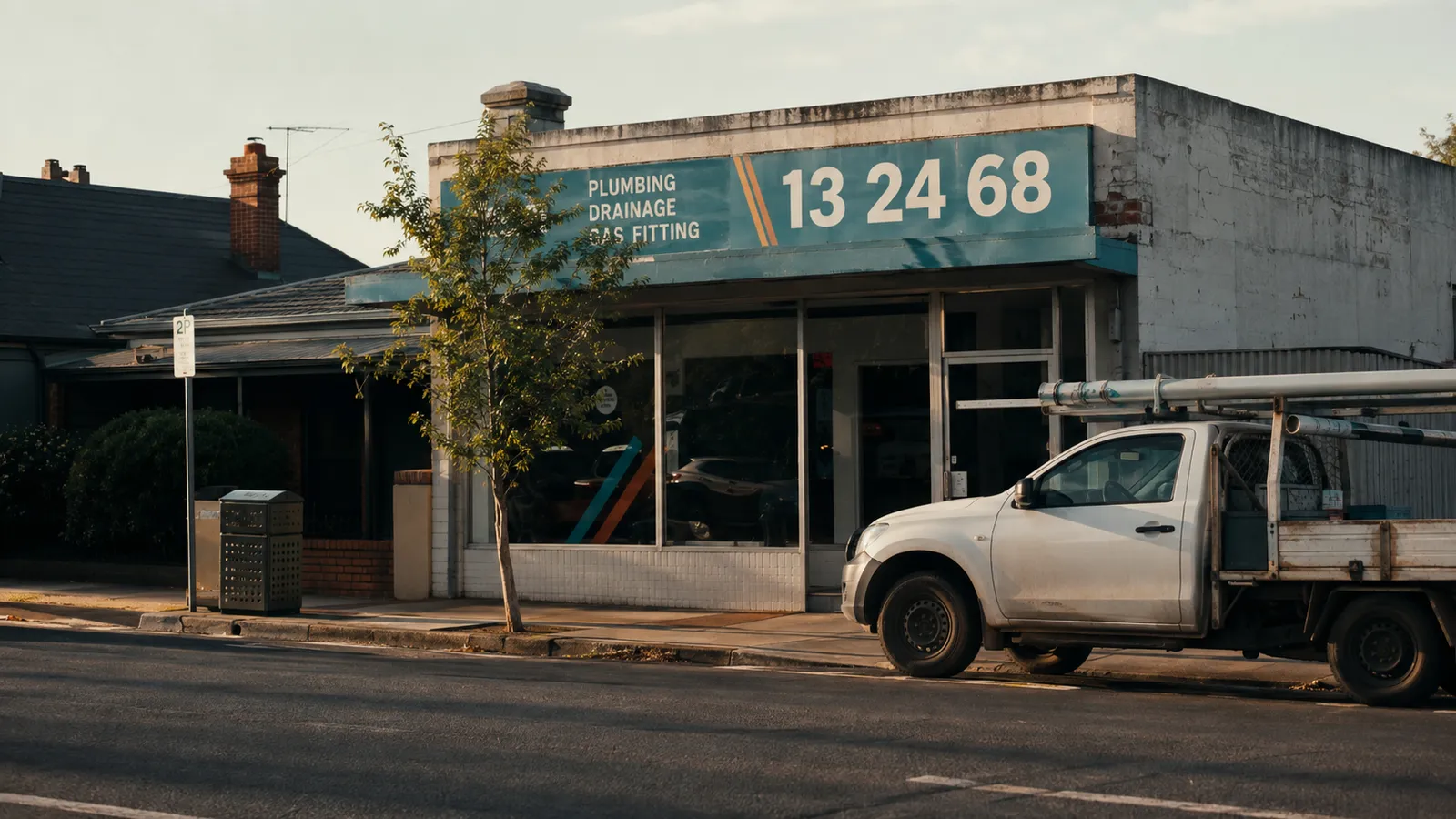 A weathered Australian plumbing shopfront with the six digit number 13 24 68 painted across its teal sign, a work ute parked out front in late afternoon light.