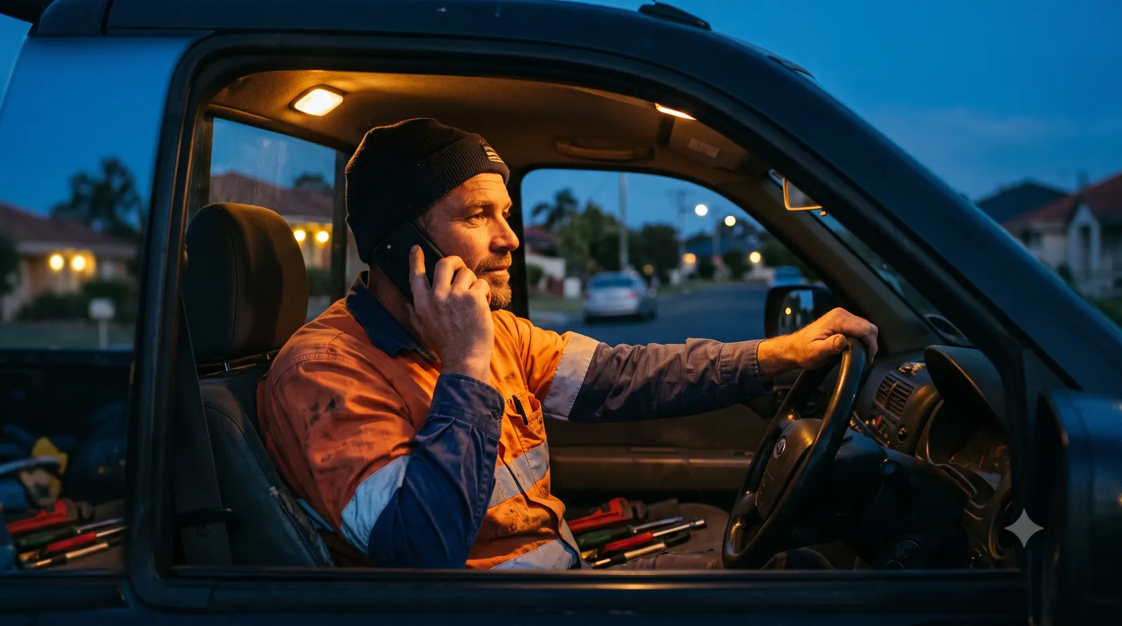 An Australian plumber taking an after-hours call from the cab of a work ute at dusk.