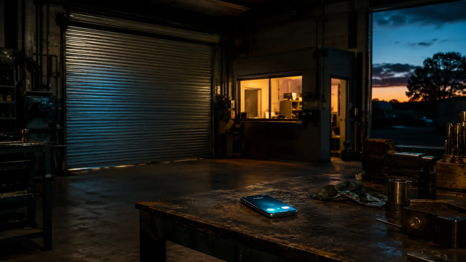 A workshop at dusk with the roller door down and the office light still on, a phone lighting up with an incoming call on the workbench.
