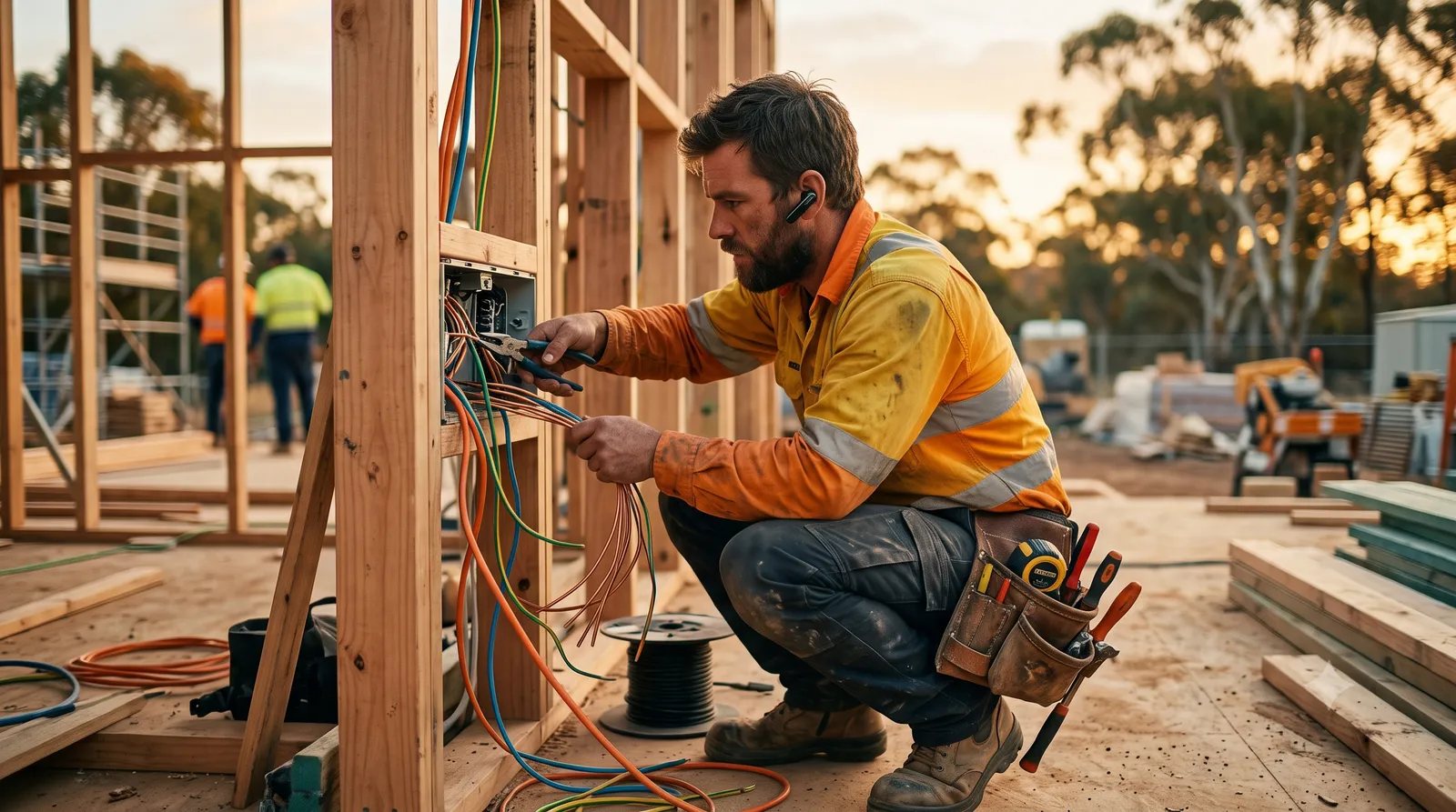 An electrician using a hands-free earpiece to answer a call safely while working.