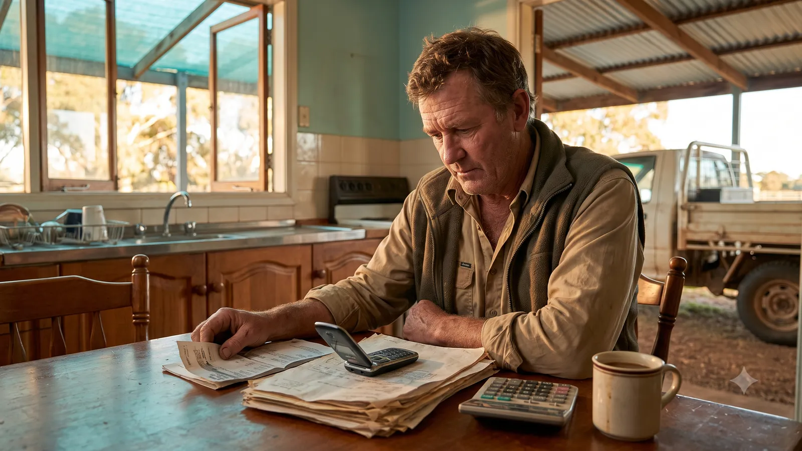 An Australian tradesman at his kitchen table working out costs with paperwork, a calculator and his phone, his ute parked outside.
