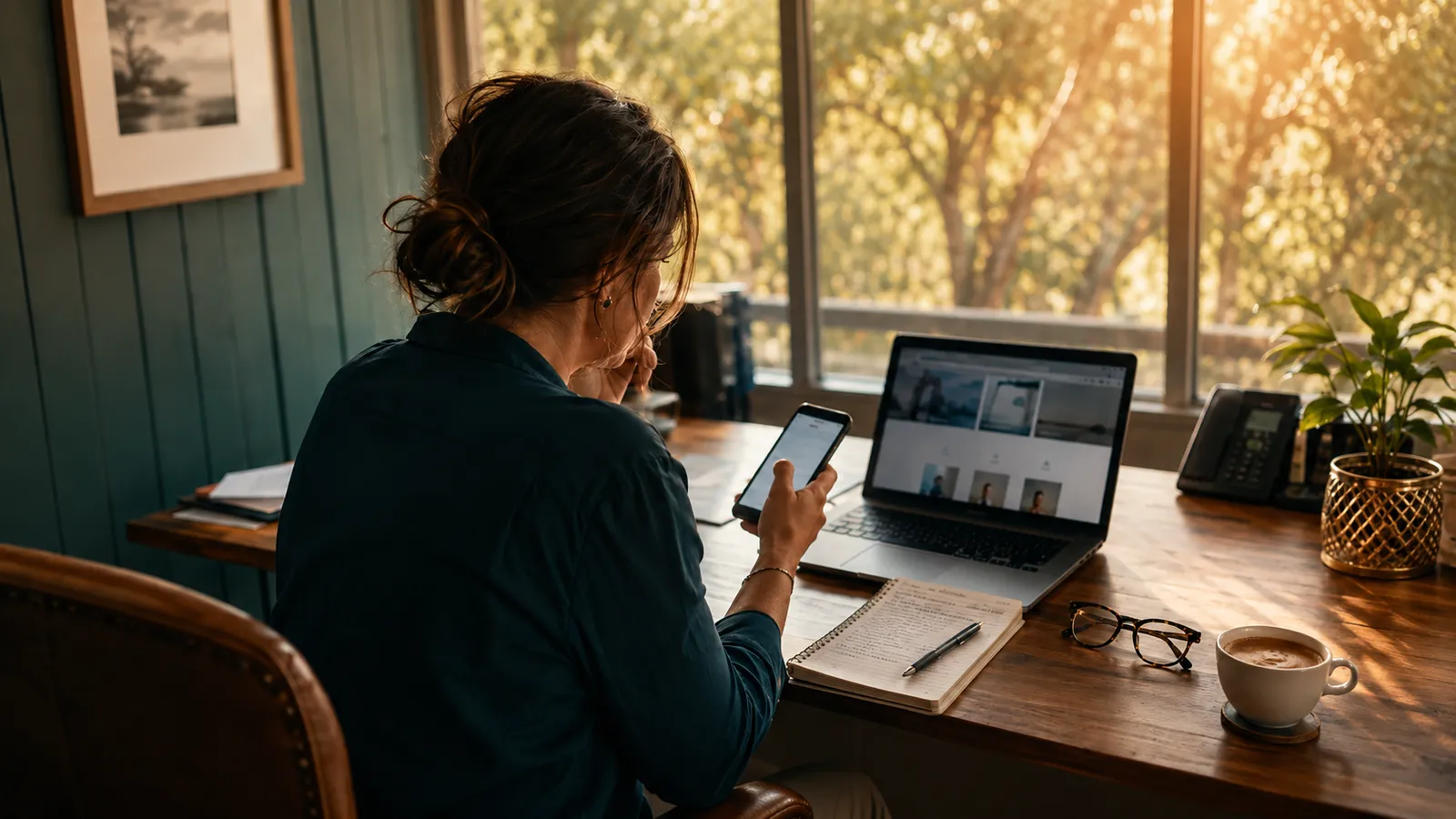 A business owner at a wooden desk in golden afternoon light, comparing answering services with a laptop, a handwritten shortlist and her phone in hand.