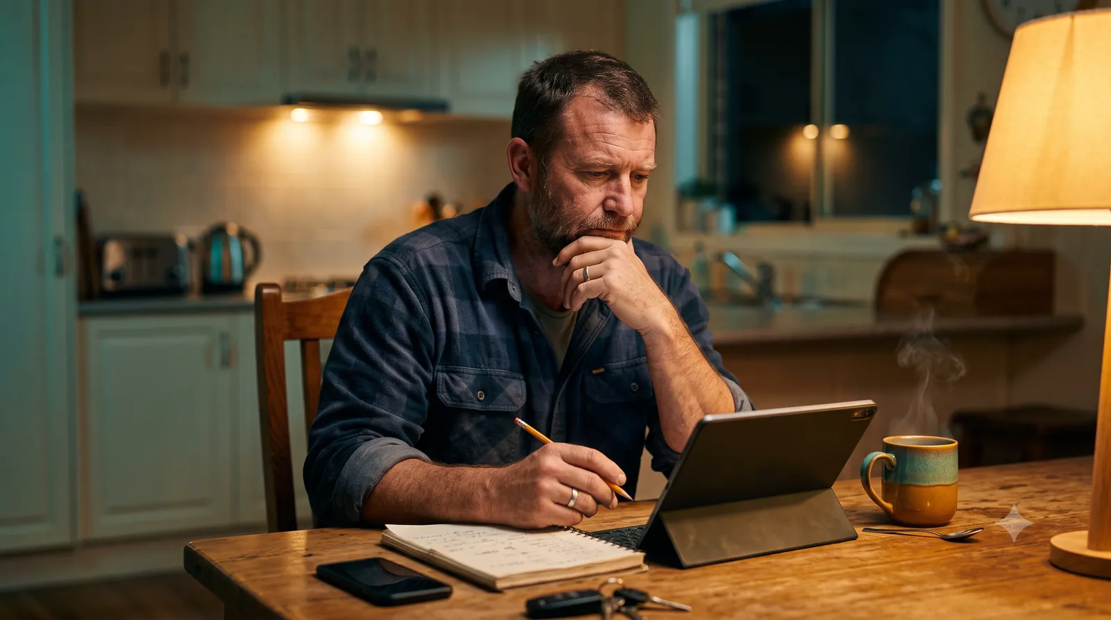 A tradesperson comparing after-hours answering services at a kitchen table in the evening.