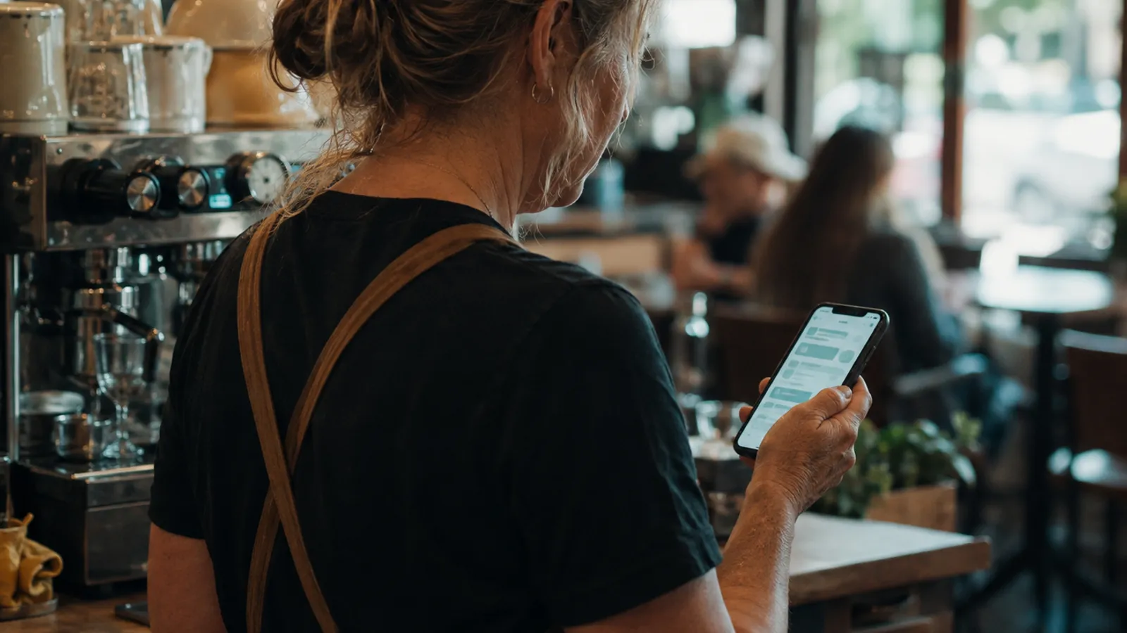 A cafe owner behind the espresso machine glancing at a text message summary on her phone while customers sit at tables behind her.