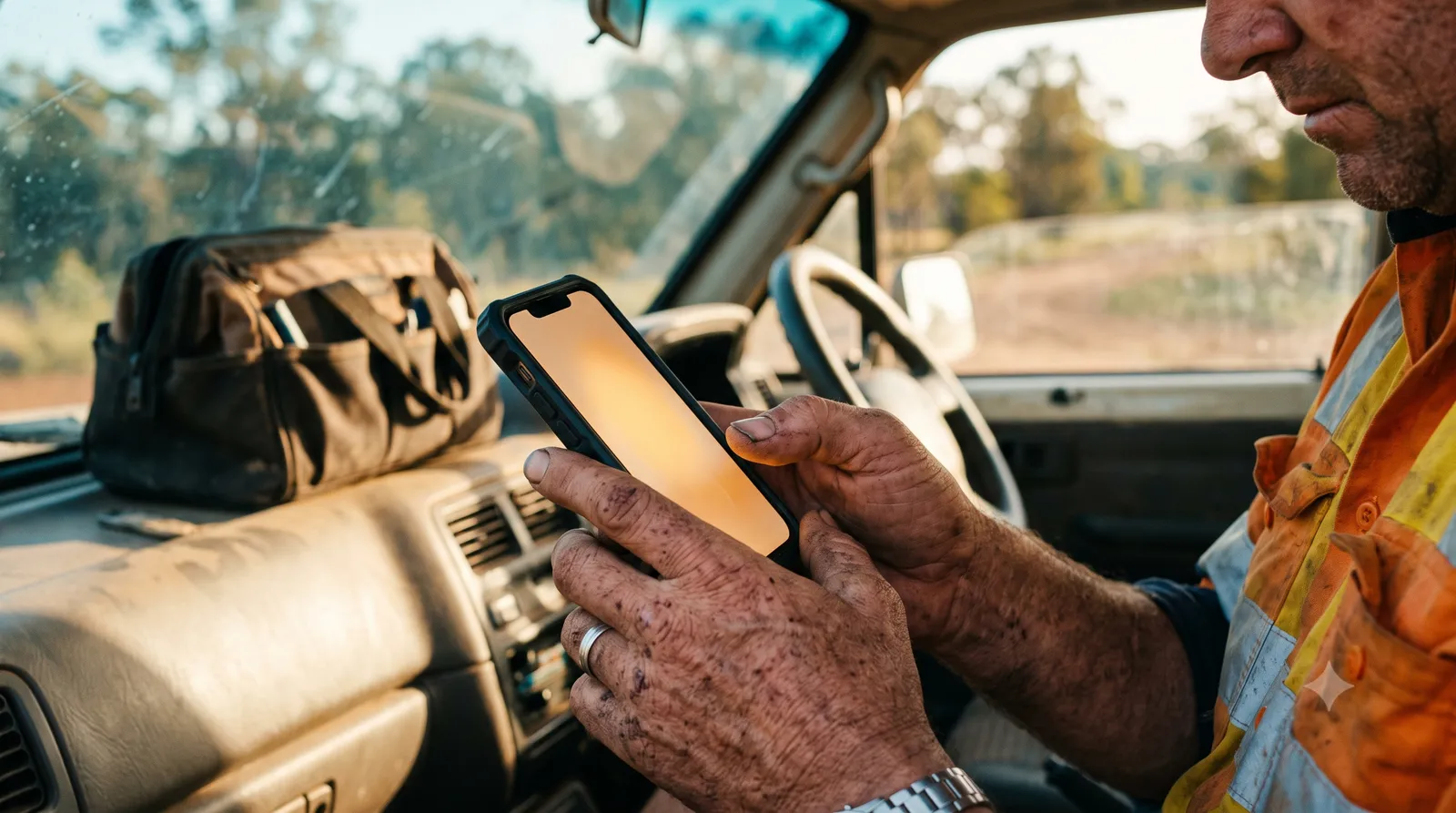 An Australian tradie setting up call forwarding on a smartphone in a work ute.
