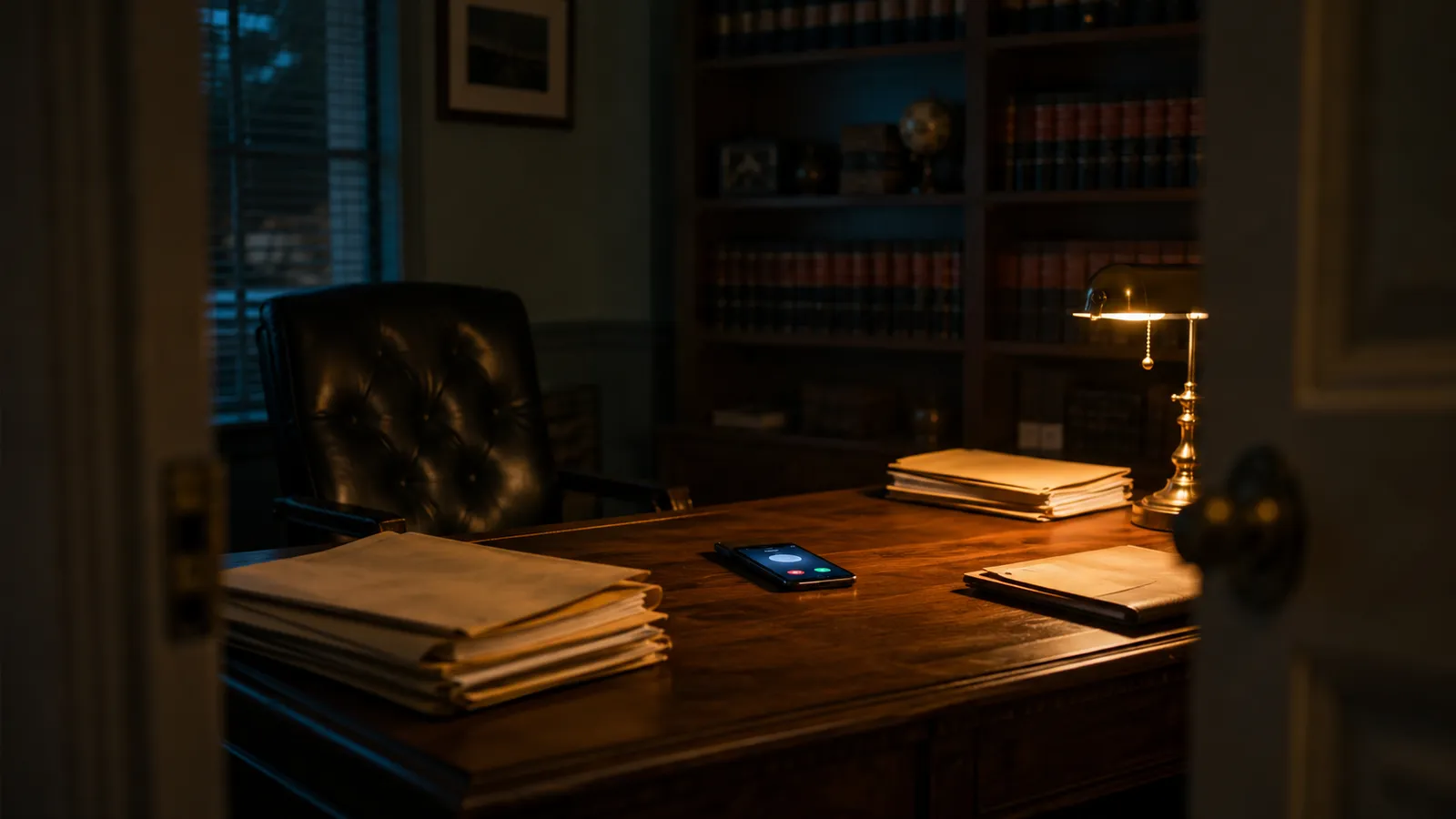 An iPhone showing an incoming call lies on a lamplit office desk at dusk, the chair empty because everyone has gone home.