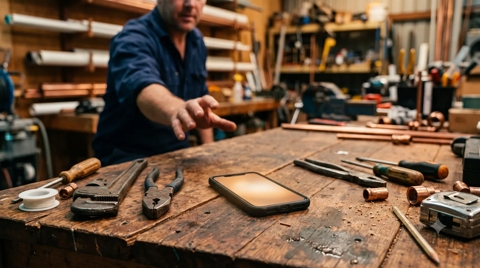 A plumber's phone on a workbench showing a call coming in among hand tools.
