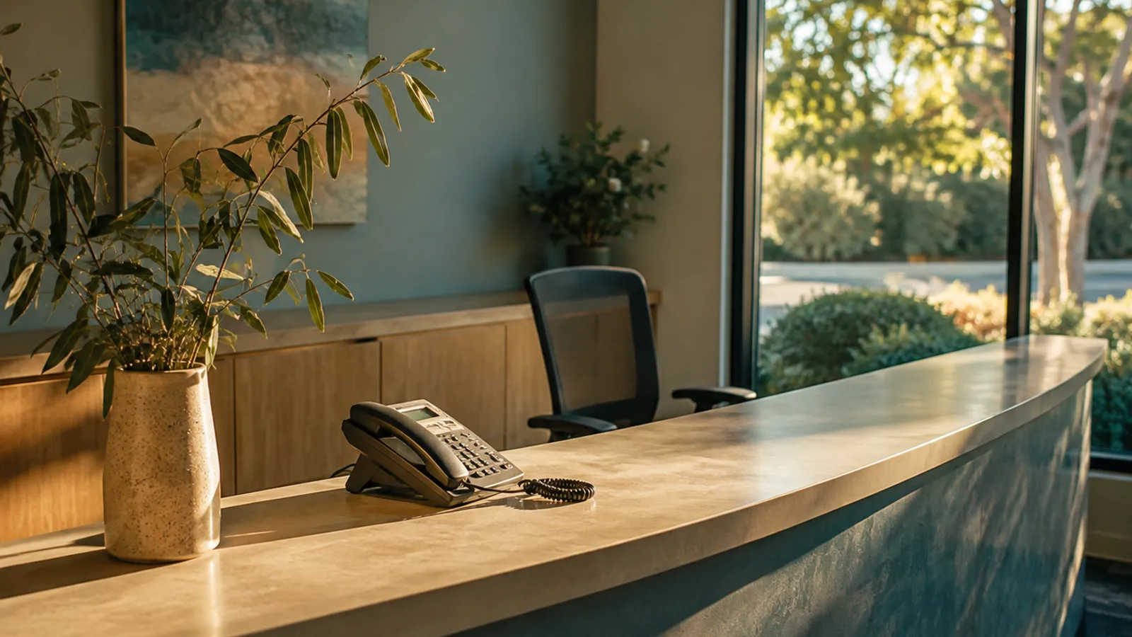 An empty reception desk in warm afternoon light with a desk phone waiting on the counter and a vacant office chair behind it.