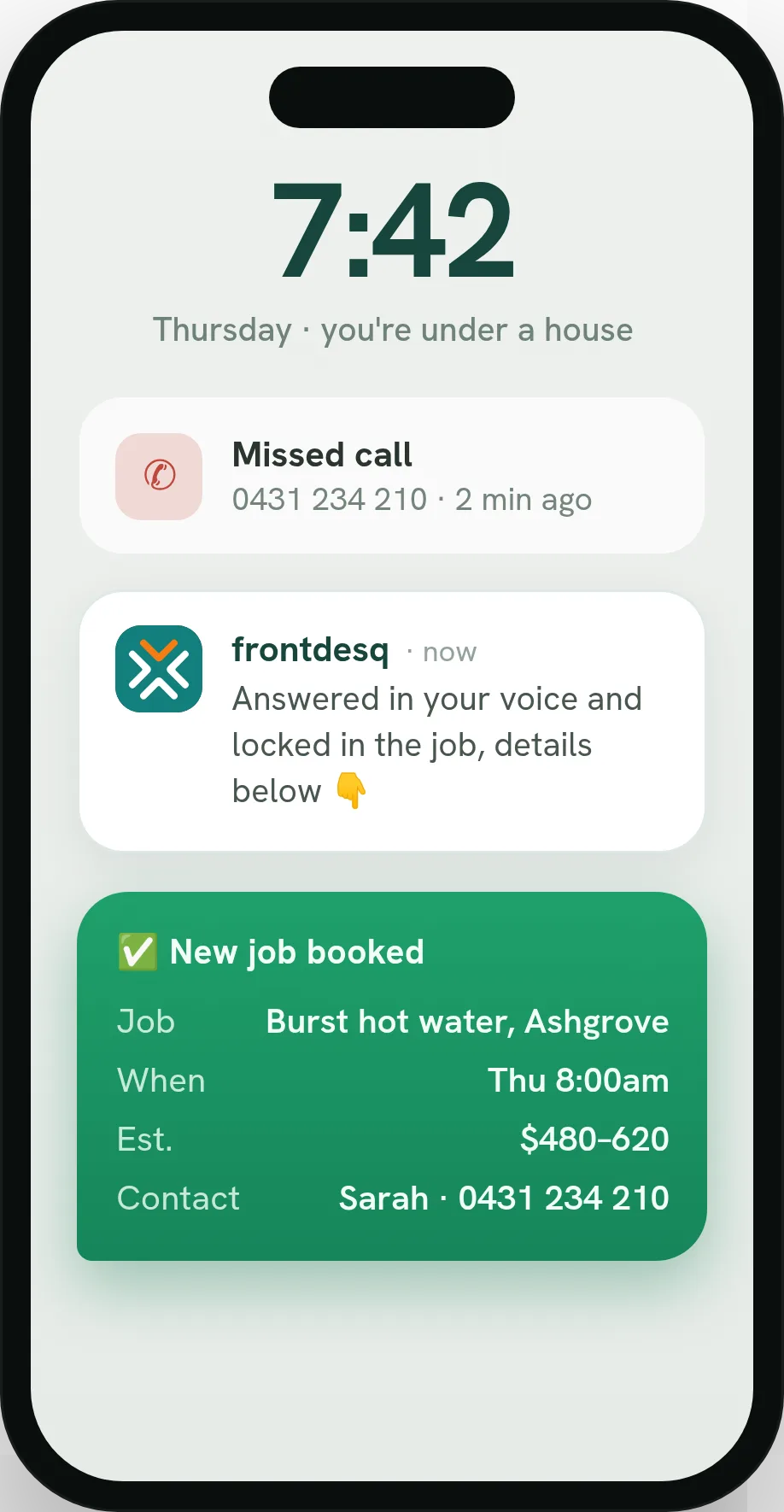 A missed call answered by frontdesq and booked as a new job: burst hot water in Ashgrove, Thursday 8am.